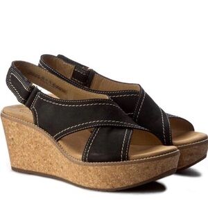 BLACK SUEDE LEATHER CLARKS AISLEY TULIP SLING BACK CORK WEDGE PLATFORM SANDALS